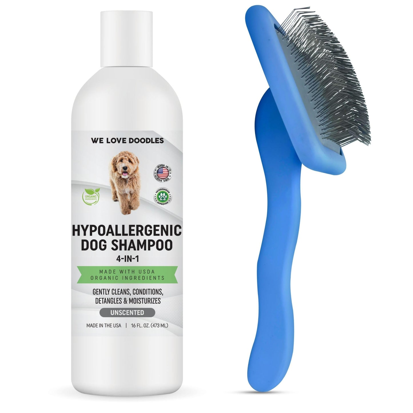 We Love Doodles Hypoallergenic Dog Shampoo and Slicker Brush - Made in USA | Organic Ingredients | Sensitive Skin & Allergies | Brush for Grooming Pet Hair | Long Pin Brush for Dematting