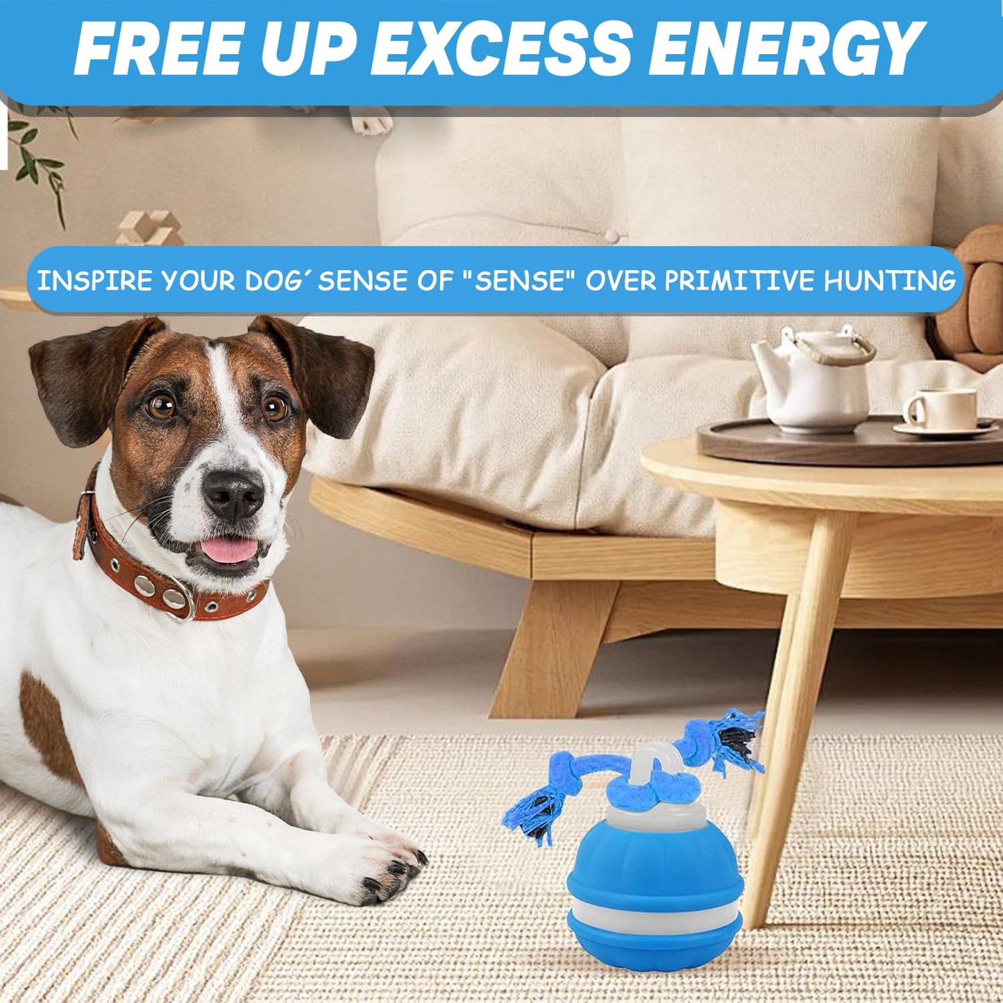 Interactive Dog Toy, Motion-Activated & Automatic Rolling, USB Rechargeable Smart Dog Ball with Teaser Rope & Squeaky Sound for Small & Medium Dogs, Puppy Stimulation Toy – Orange & Blue (Orange)