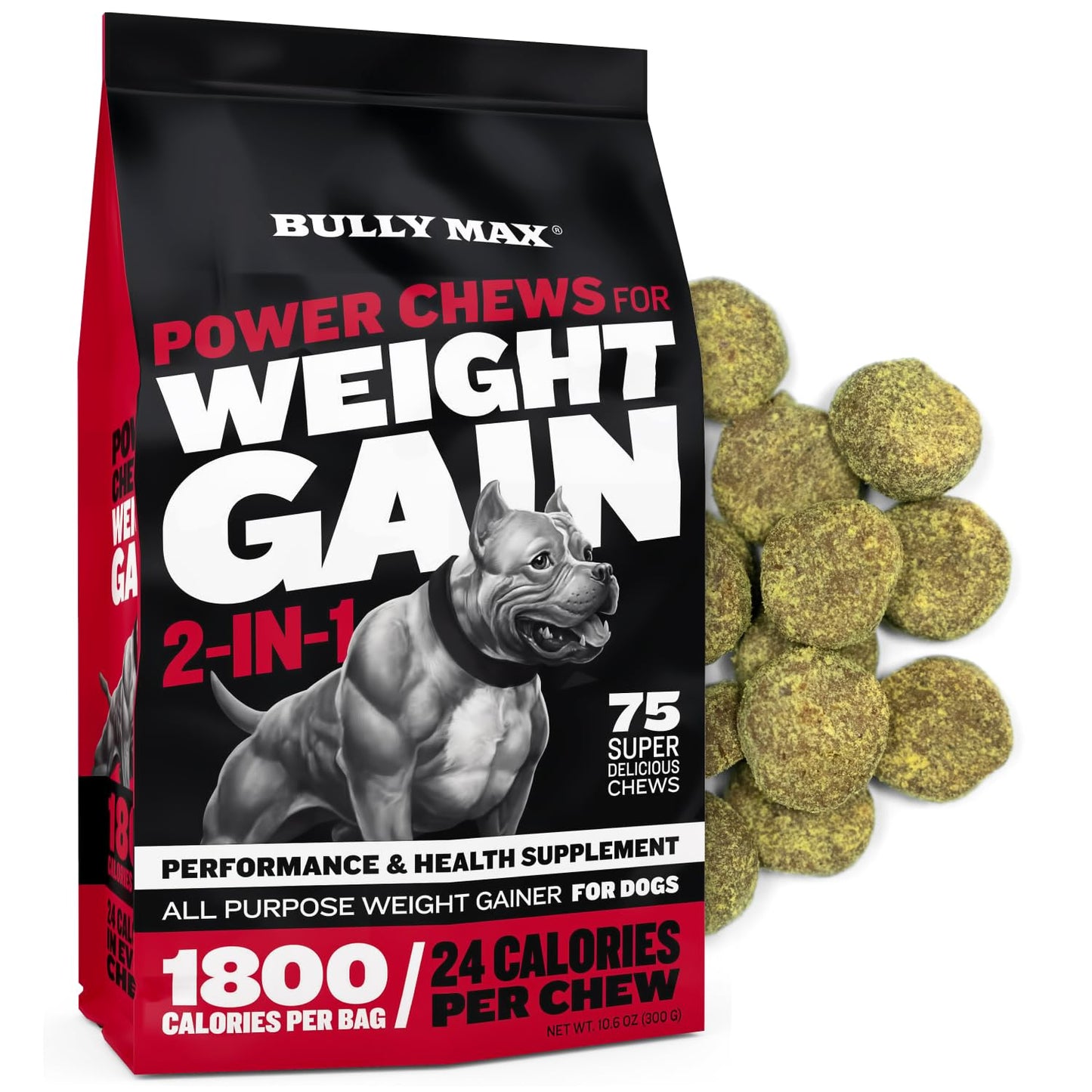 Bully Max Dog Weight Gainer Soft Chews for Puppies and Adults - High Calorie Dog Food Performance Supplements for Healthy Weight Gain, Immunity & Digestive Health - 75 Chews for All Breeds & Ages