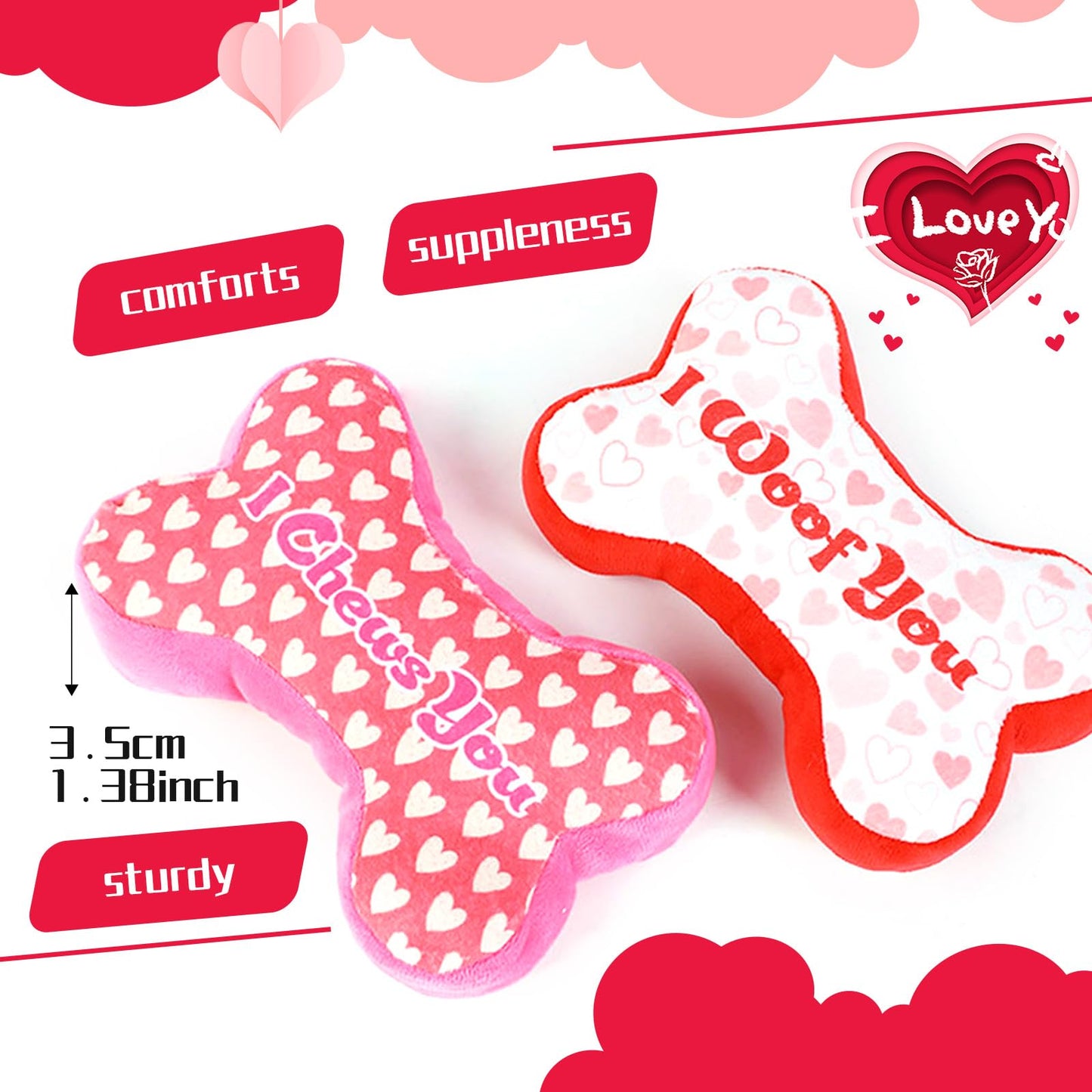 Mruq pet Pink Dog Toys, 4pcs Cute Fun Interactive Plush Squeaky Dog Toys, Red and Pink Bone and Heart Gifts Puppy Dog Teething Chew Toys for Small Medium Pet Dogs Teeth Cleaning