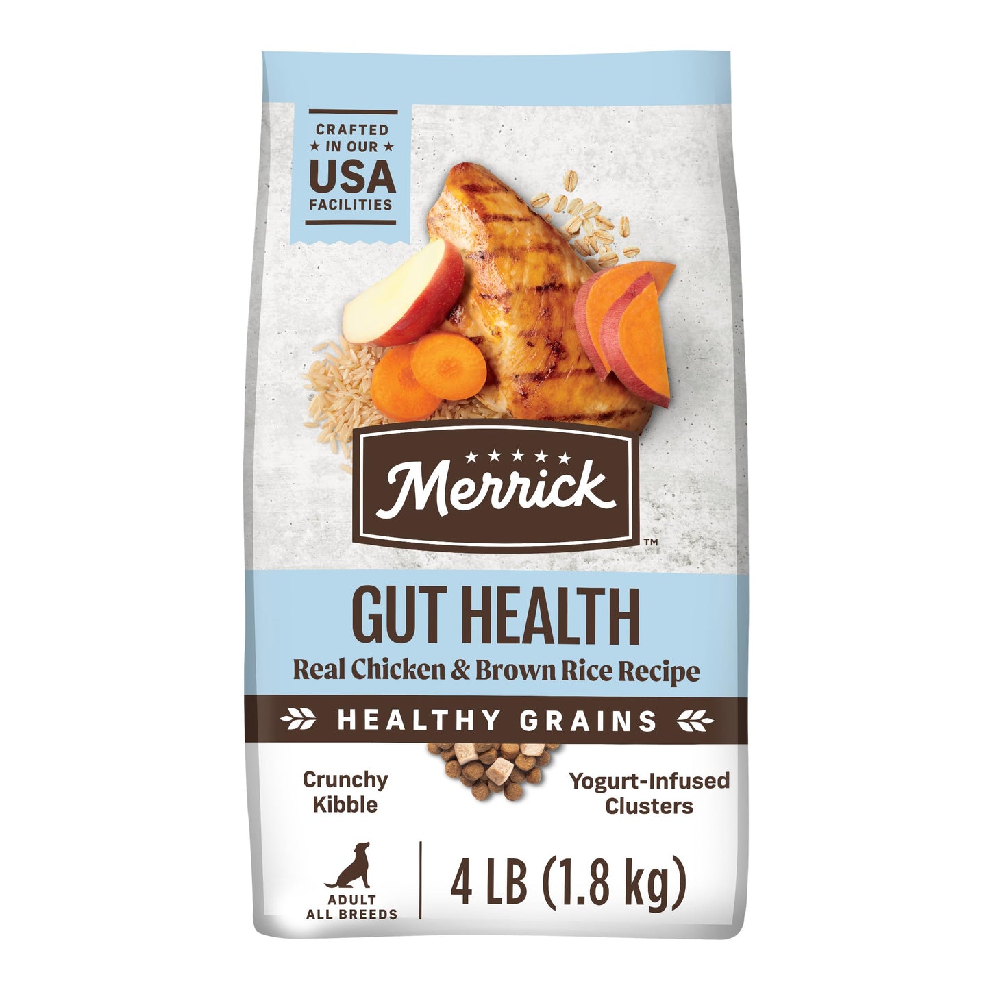 Merrick Gut Health Recipe, Healthy Grains Natural Chicken and Rice Dry Dog Food with Yogurt-Infused Clusters - 4 lb. Bag