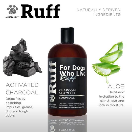 Ruff by Lillian Ruff Activated Charcoal Pet Shampoo – Deep Cleanser, Deodorizer, Stain Remover – Lemon Sage Scent, pH Balanced, Hydrate Dry Itchy Skin – Safe for Puppies & Mature Dogs