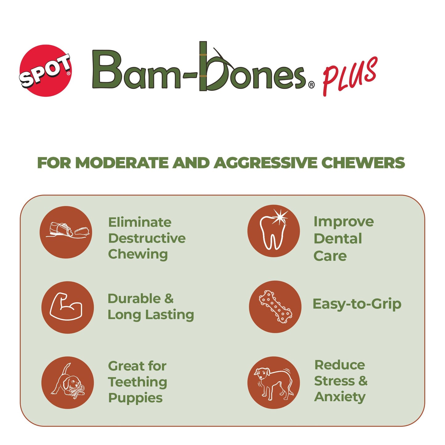 SPOT Bam-Bones Plus T-Bone, Bamboo Fiber & Nylon Dog Chew, Durable for Aggressive Chewers, Non-Splintering, for Adult Dogs & Teething Puppies Under 90lbs, 7in, Chicken Flavor