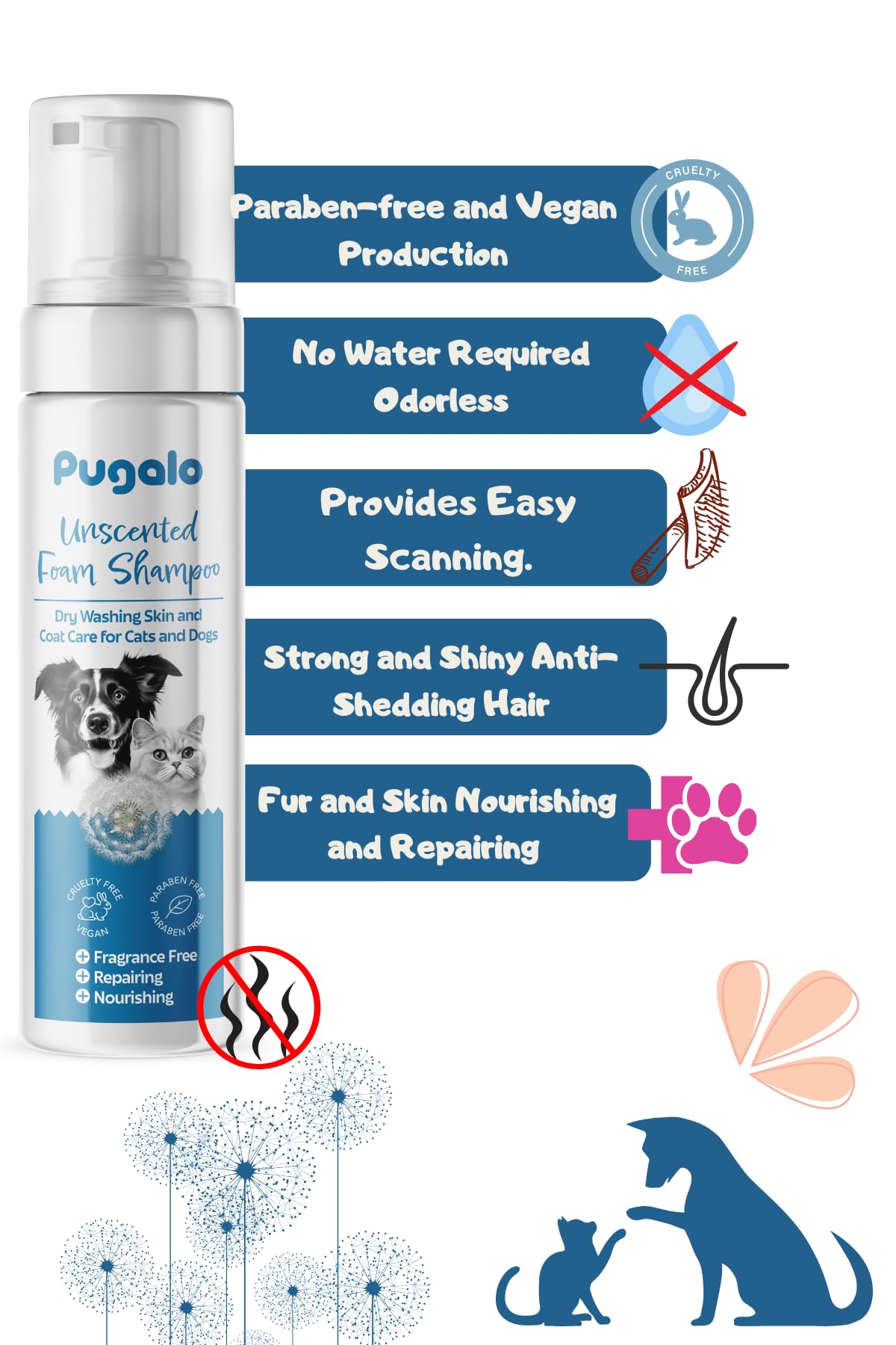 Waterless Cat & Dog Shampoo – 200ml (6.76oz) Unscented Dry Foam Cleanser & Conditioner – No-Rinse Deshedding Shampoo for Smelly Pets