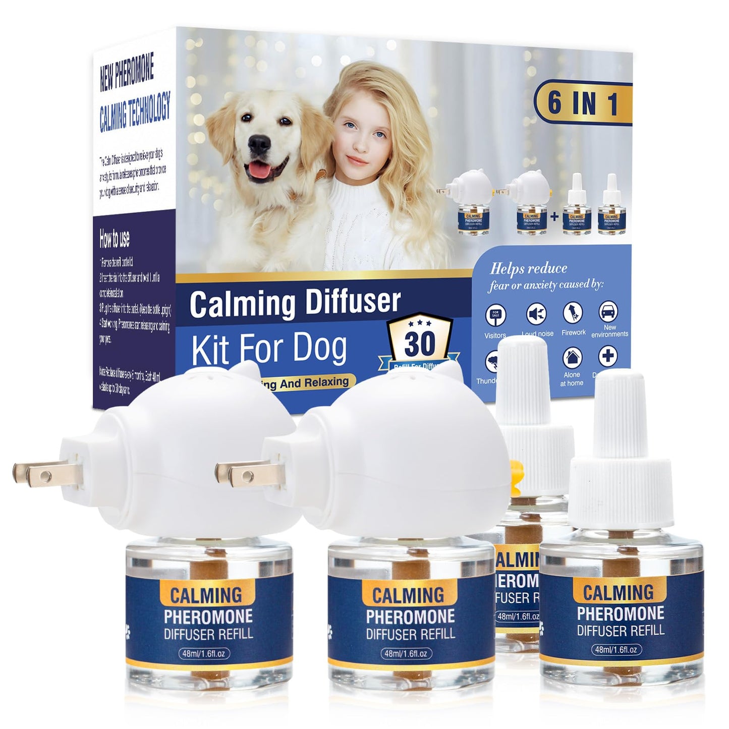 LKBHGF Dog Calming Pheromones Diffuser 6 in 1 Kit Appeasing Pheromone Diffuser to Calm (2 Plug in+4 Pack 48ml Refill) for Anxiety Relief Reduce Aggression Fighting Barking Stress 120 Day Supply