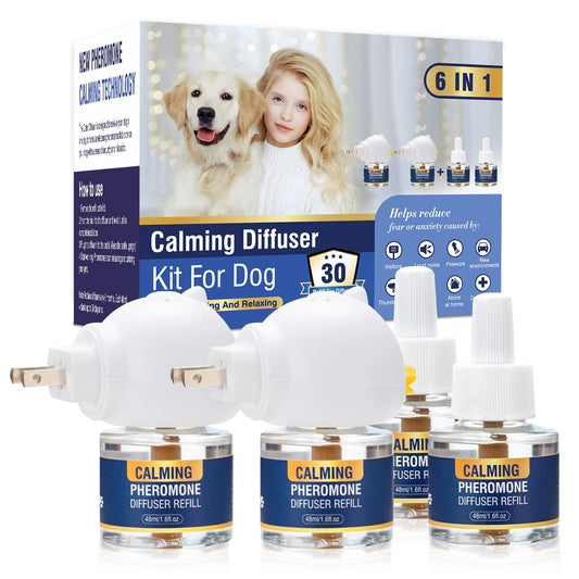 LKBHGF Dog Calming Pheromones Diffuser 6 in 1 Kit Appeasing Pheromone Diffuser to Calm (2 Plug in+4 Pack 48ml Refill) for Anxiety Relief Reduce Aggression Fighting Barking Stress 120 Day Supply