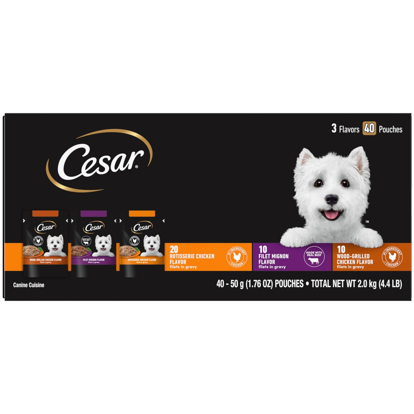 Cesar Filets in Gravy Wet Dog Food Filet Mignon Flavor, Rotisserie Chicken Flavor, and Wood-Grilled Chicken Flavor Variety Pack, 1.76 oz. Mini-Pouches (40 Count, Pack of 1)