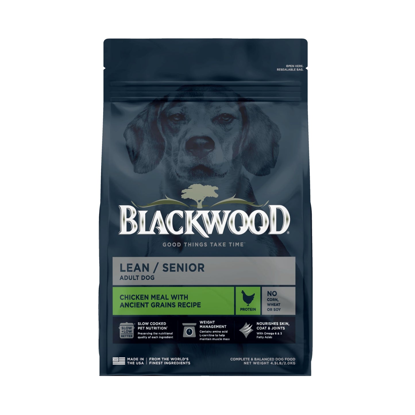 Blackwood Lean/Senior Dry Dog Food, Chicken Meal with Ancient Grains, 4.5 Pound Bag for Weight Management and Muscle Mass Maintenance
