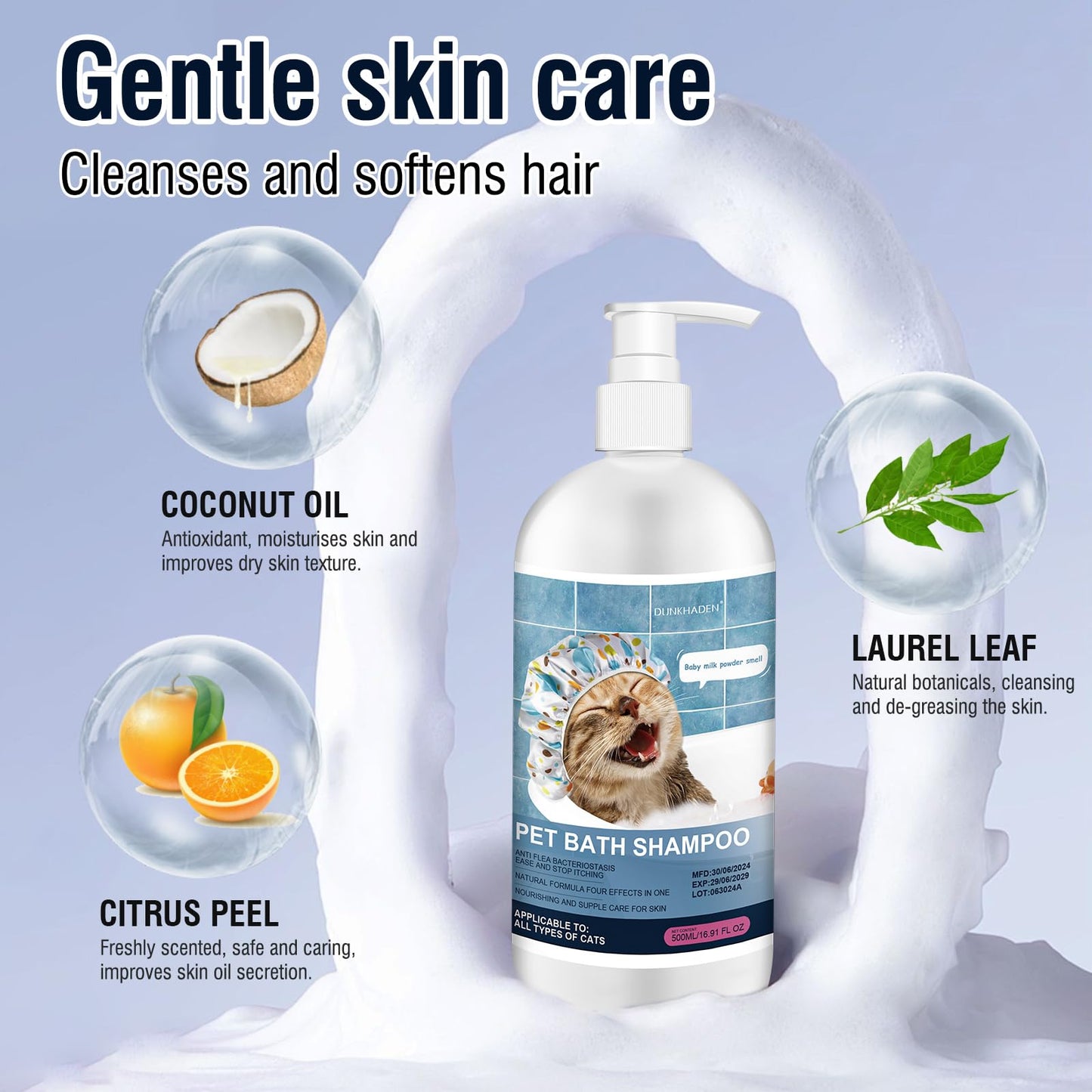 500ml 16.9 Fl Oz Cat Shampoo for Cats and Kittens Gentle Care for Itchy and Sensitive Skin Long-Lasting Aromatic Shower Gel Purely Botanical Formula Pet Shampoo