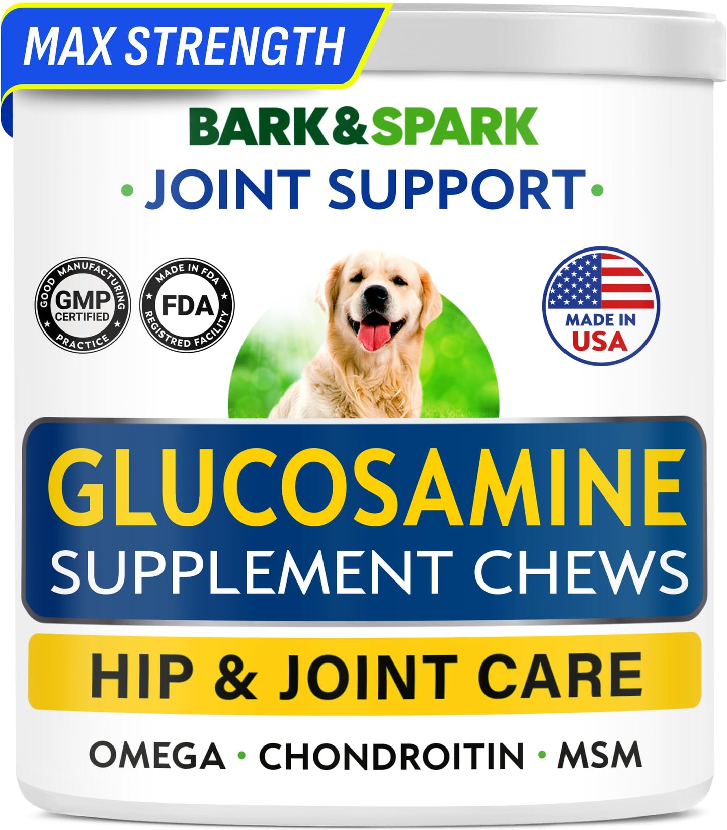 Bark&Spark Glucosamine Chondroitin Dog Hip & Joint Supplement - Joint Pain Relief - Hip & Joint Chews - Joint Support Large Small Breed - Senior Doggie Vitamin Pill Joint Health (120 Treats - Chicken)