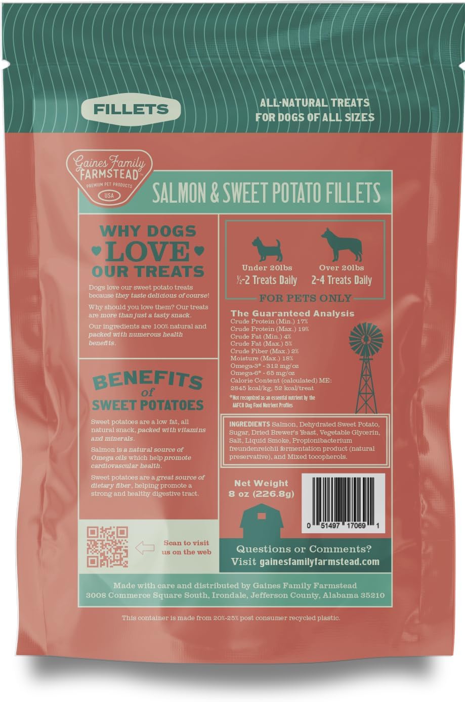 Gaines Family Farmstead Salmon & Sweet Potato Fillets for Dogs - 8 oz Pouch, All-Natural Dog Treats – Wild Caught Alaskan Salmon, Soft Chew, Limited Ingredients, Made in USA