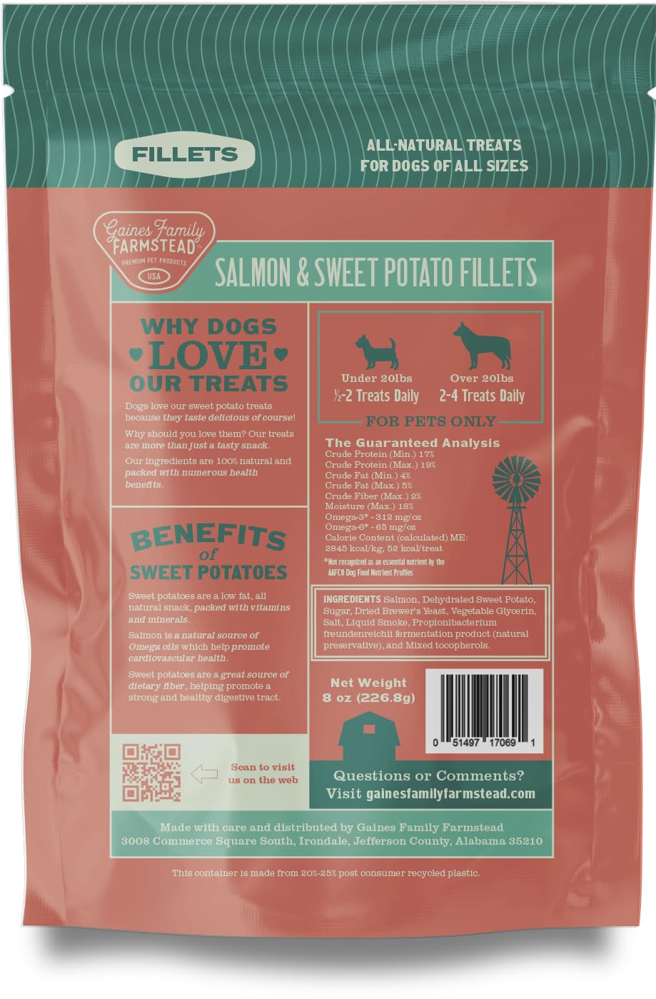 Gaines Family Farmstead Salmon & Sweet Potato Fillets for Dogs - 8 oz Pouch, All-Natural Dog Treats – Wild Caught Alaskan Salmon, Soft Chew, Limited Ingredients, Made in USA