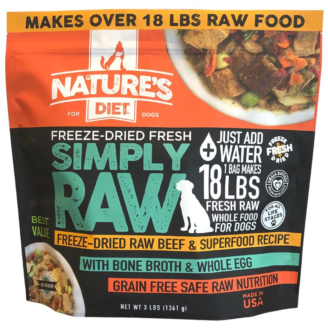 Nature's Diet Simply Raw Freeze-Dried Whole Food Meal - Makes 18 Lbs Fresh Food with Muscle, Organ, Bone Broth, Whole Egg, Superfoods, Fish Oil Omega 3, 6, 9, Probiotics & Prebiotics (Beef)