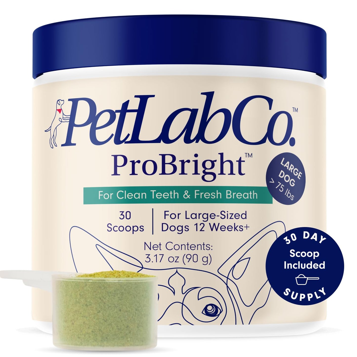 PetLab Co. ProBright Dental Powder - Dog Breath Freshener - Teeth Cleaning Made Easy – Targets Tartar & Bad Breath - Formulated for Large Dogs - Packaging May Vary