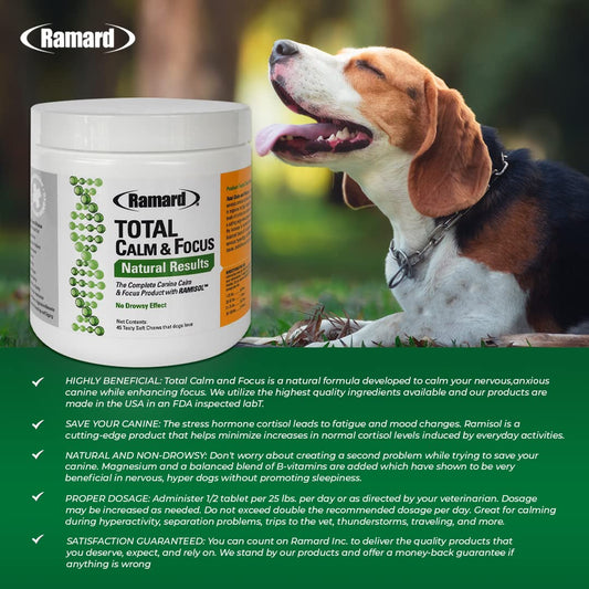Ramard Total Calm & Focus Dog Treat Supplement - Natural Calming Chews with Magnesium & B-Vitamins - 45 Soft Chews for Canine Calmness During Training, Grooming, and Everyday Enjoyment