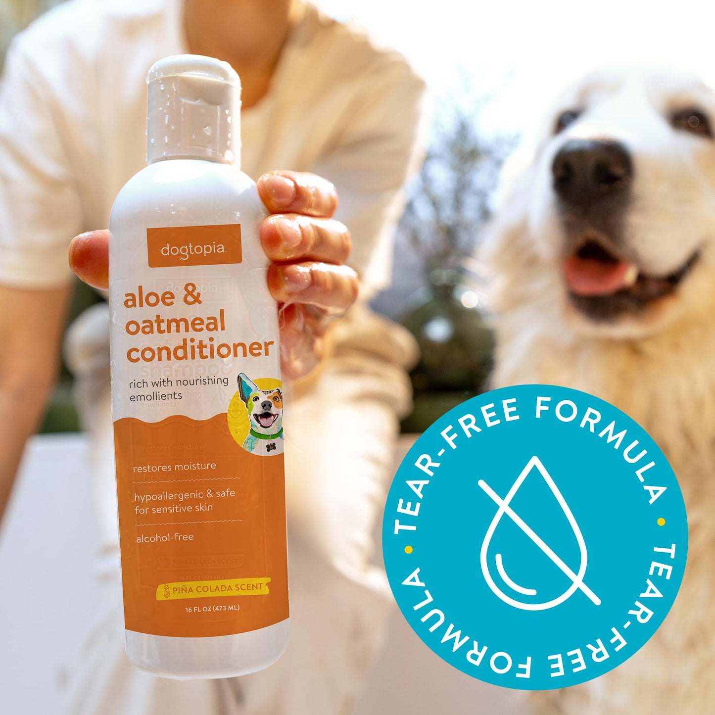 Dogtopia Everyday Aloe & Oatmeal Conditioner – 16oz Piña Colada Scent | Nourishing Pet Combo for Dogs and Pets | Rich with Soothing Emollients | Alcohol-Free, Soapless & Tearless