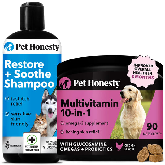 Restore + Soothe Shampoo for Sensitive Skin for Dogs & Cats (Lavender) 12oz + Multivitamin Dog Supplement with Glucosamine, Probiotics, Omega Fish Oil for Skin and Coat Allergies (Chicken
