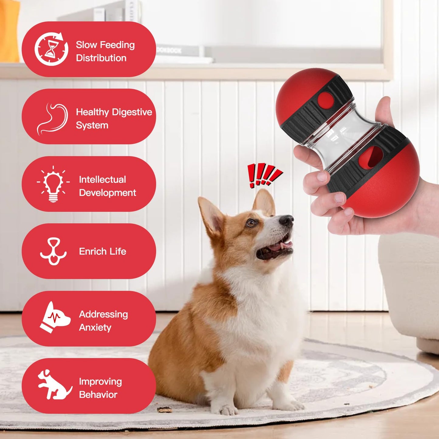 Dog Puzzle Toy for Anxiety Relief - Adjustable Treat Dispensing Ball with Slow Feeder Design, Tough Bite-Resistant Interactive Chase Toy, Enrichment Training Games for Small/Medium/Large Dogs (Red)