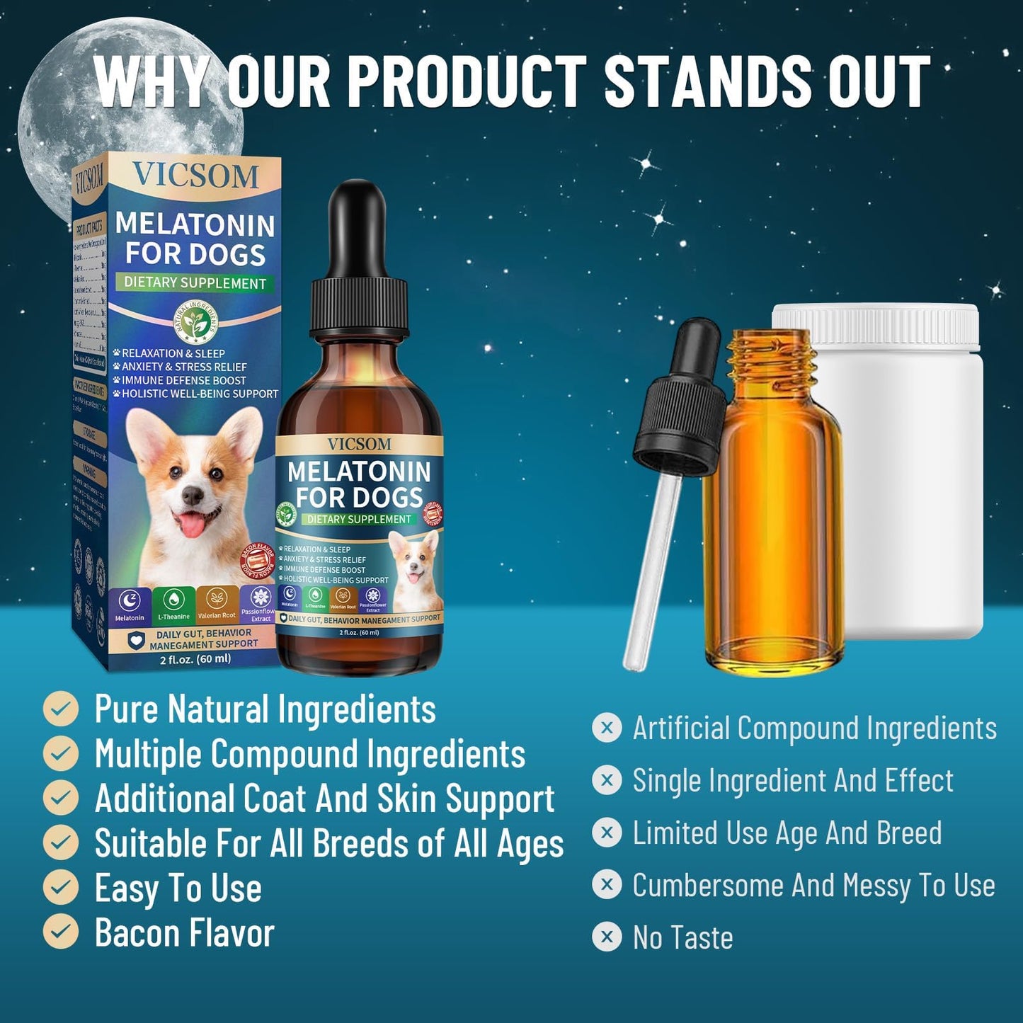 Liquid Melatonin for Dogs, 2 Pack Dog Melatonin for Small Medium Large Dog Sleep Aid, Stress & Anxiety Relief, Calm Aid for Dogs Puppies, Support Relaxation & Deep Sleep, 60ml x2