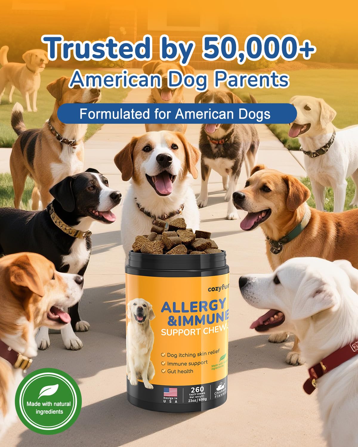 Dog Allergy Chews 260Ct - 23oz Dog Supplements for Itchy Skin and Paw Licking, USA Lab Formula with Probiotics, Natural Allergy Immune Support for Dogs