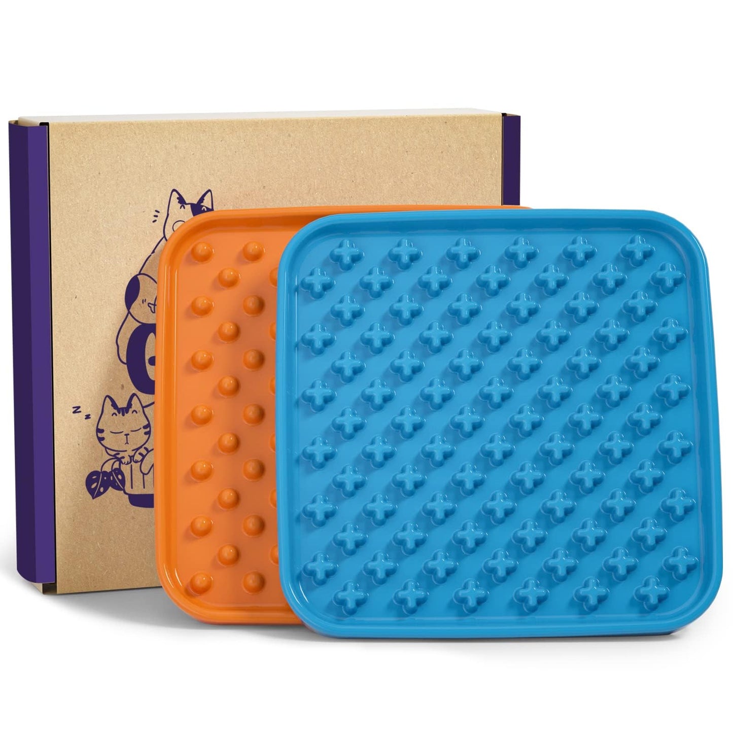 LE TAUCI PET Cat Slow Feeder, 5.5 Inch Lick Mat for Cats and Puppy,Anxiety Relief Licking Mat, Puzzle Feeder for Peanut Butter, Treats, Pet Enrichment Toys, Set of 2, Blue and Orange