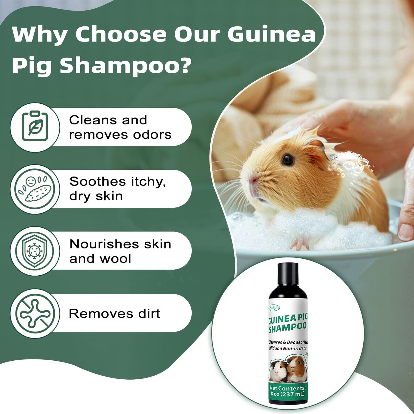 Guinea Pig Shampoo 8 oz - Naturally Effective Shine Skin & Coat Formula - NO Fragrance, Hypoallergenic, Relieves Dry, Itchy Skin, Eliminates Odors