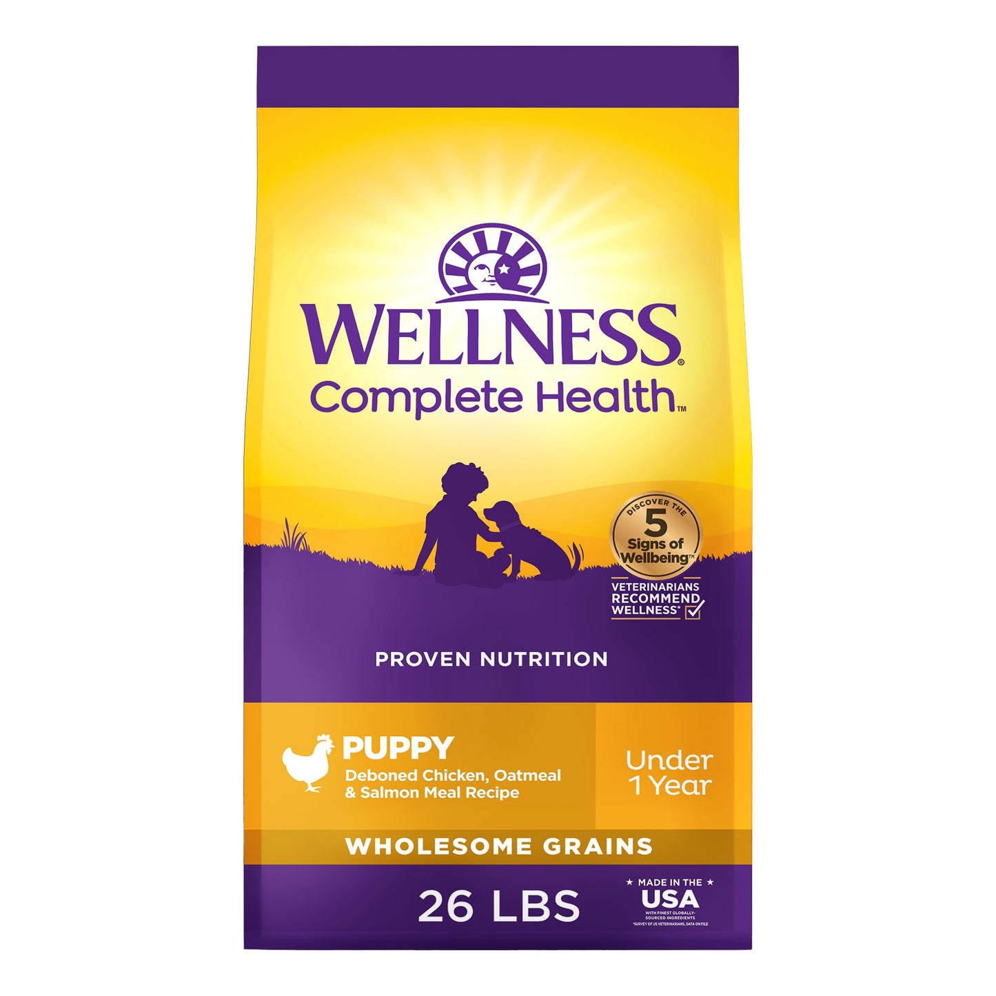 Wellness Complete Health Puppy Dry Dog Food, Wholesome Grains, Natural, Chicken, Oatmeal, & Salmon Recipe, (26-Pound Bag)