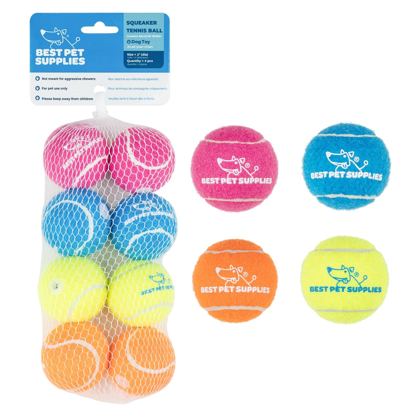 Best Pet Supplies Squeaky Tennis Toys for Dogs, 8-Pack, Heavy-Duty Interactive Pet Toys for Throwing and Fetching, Supports Exercise and Natural Behavior Training, Durable - Small