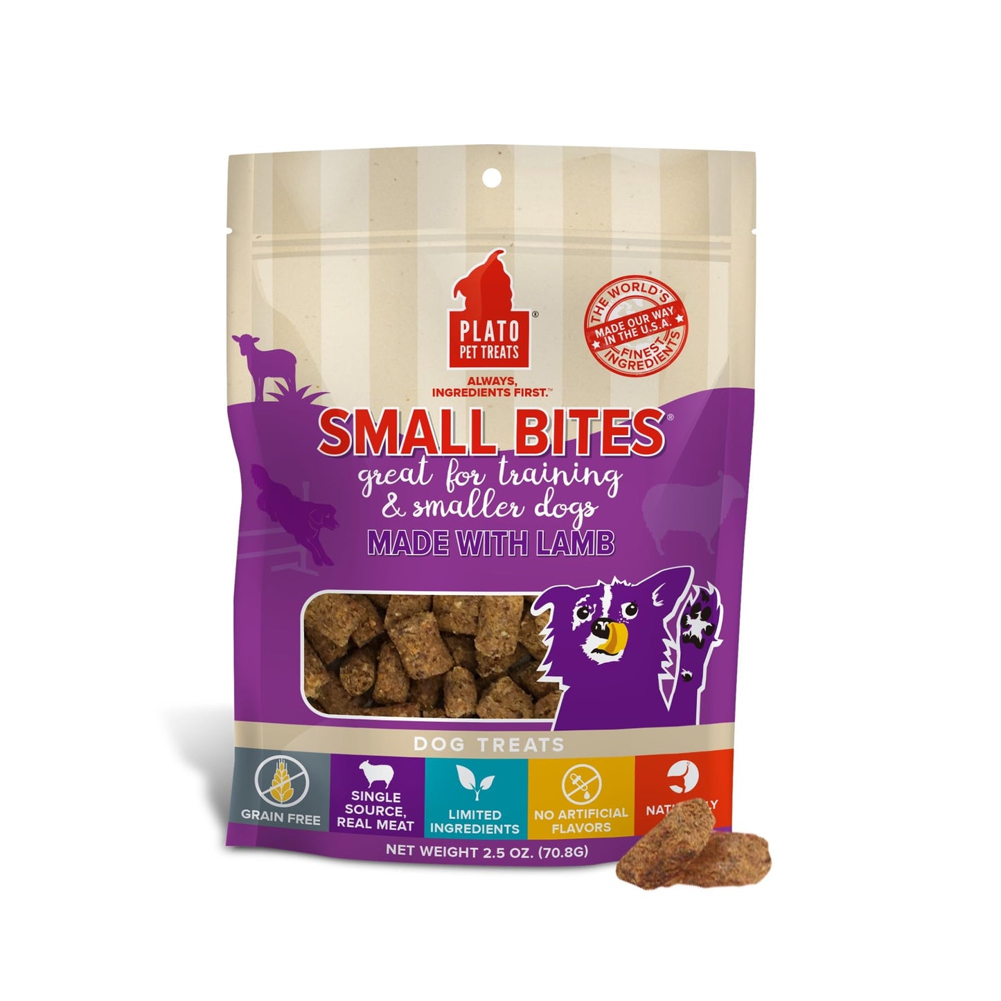 PLATO Pet Treats Small Bites - Air-Dried Training Treats for Dogs - Supports Healthy Digestion - Limited Ingredients - Lamb 2.5oz