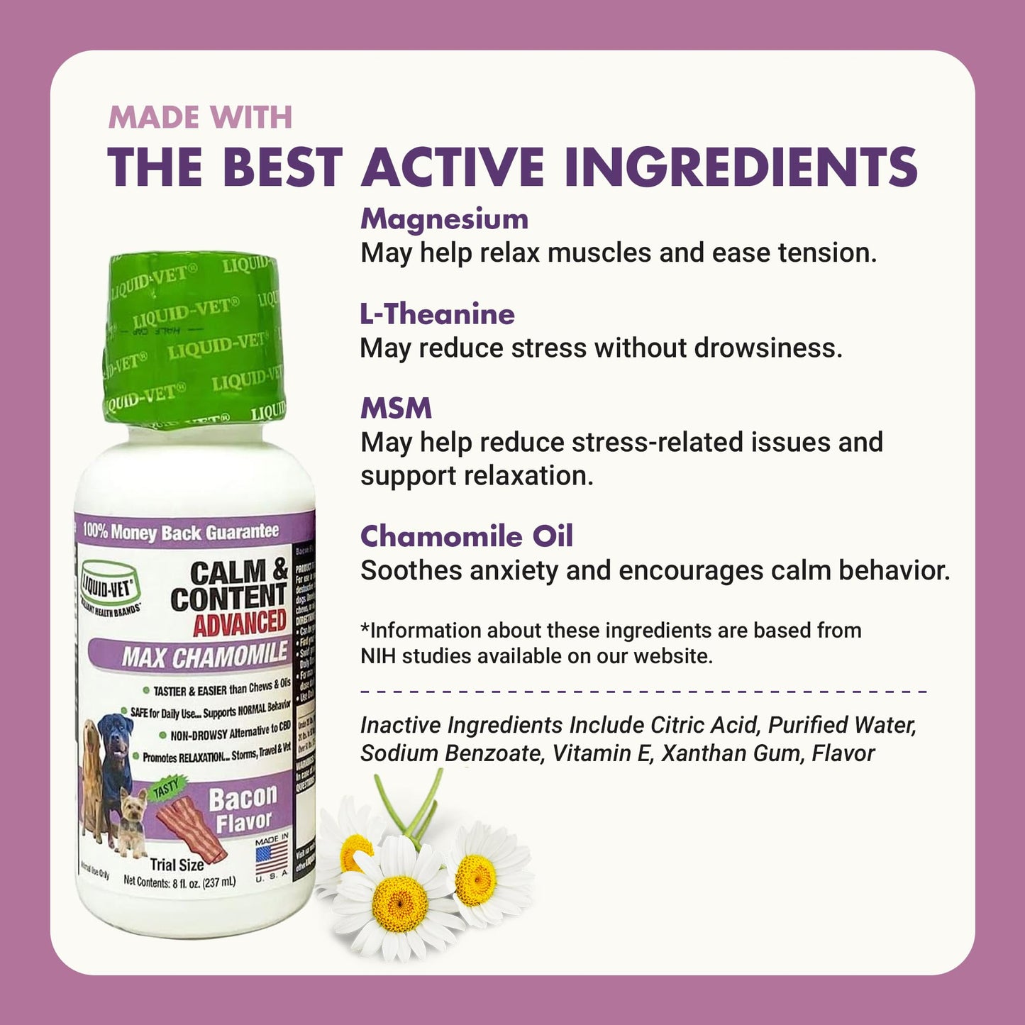 LIQUID-VET Premium Calming Dog Supplements - All Dog Essentials with Chamomile for Skin & Coat Support - Ideal for Large Breeds, Puppies, and Overall Wellness