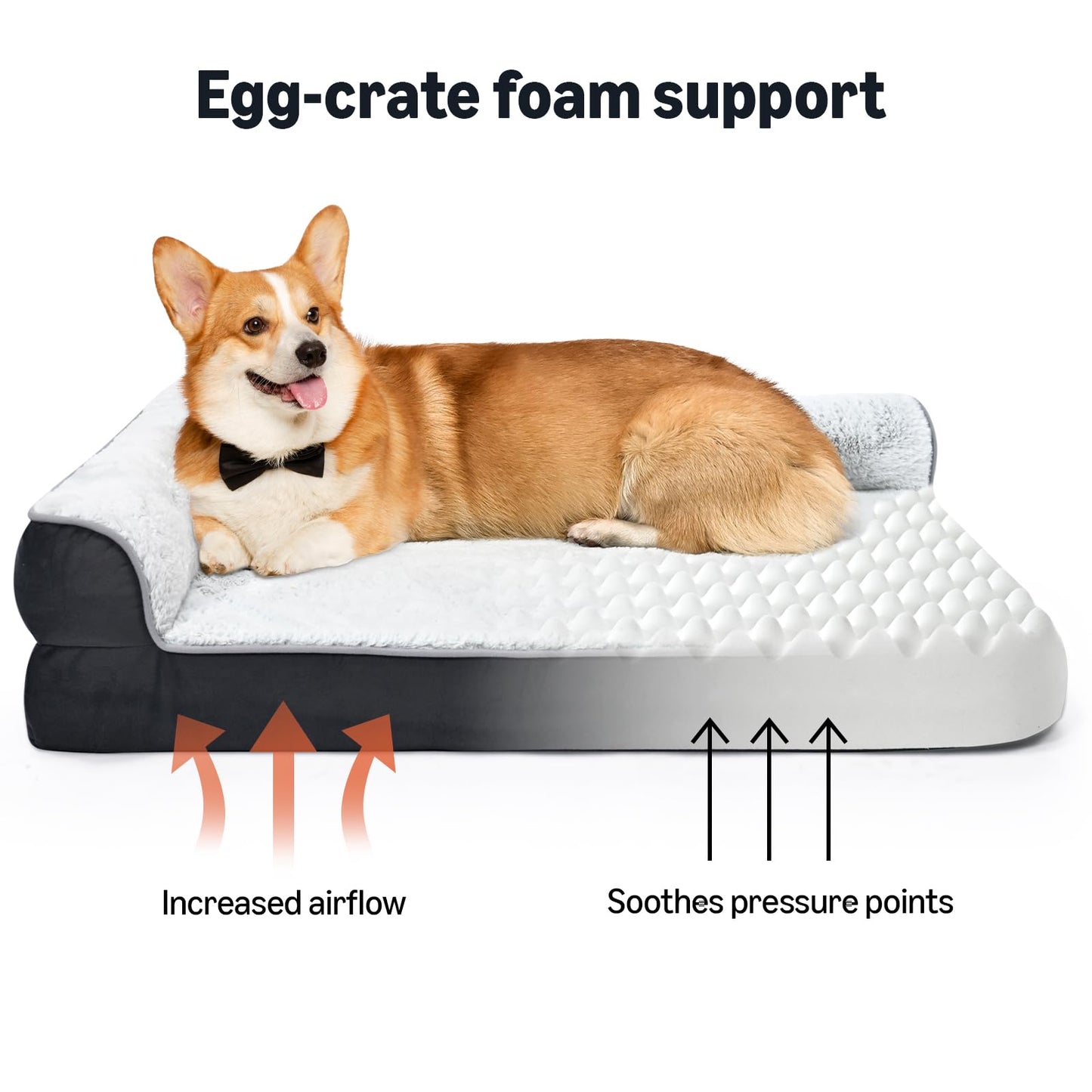 Amazon Basics Washable L-Shaped Dog Bed for Large Dogs, Anti-Slip Pet Sofa Bed for Indoor Dogs, Crate Bed, 42x30x8 Inches, Gray