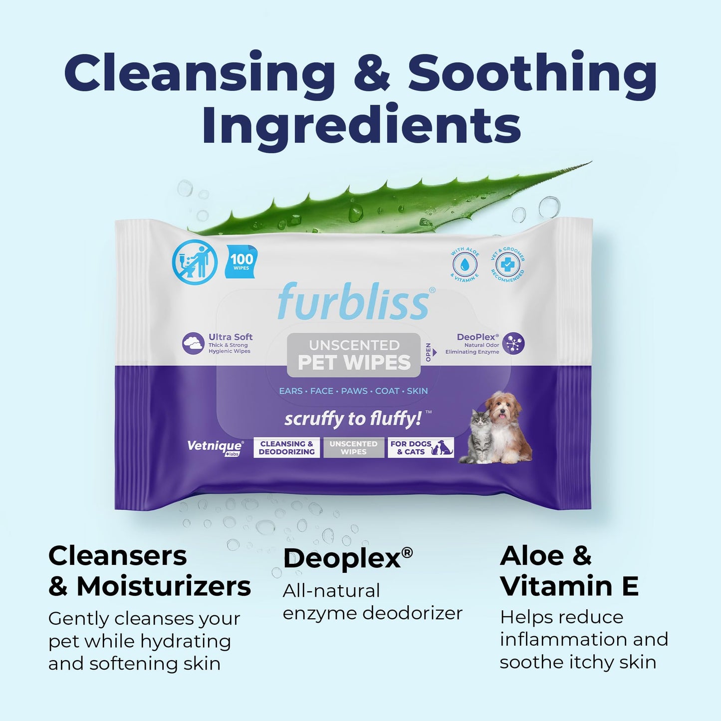 Vetnique Dermabliss Dog Face Wipes - Medicated Chlorhexidine Wipes for Dogs with Wrinkles, French Bulldog, English Bulldog Dog Grooming Wipes Cleaning & Deodorizing Dog Wipes 60 Count