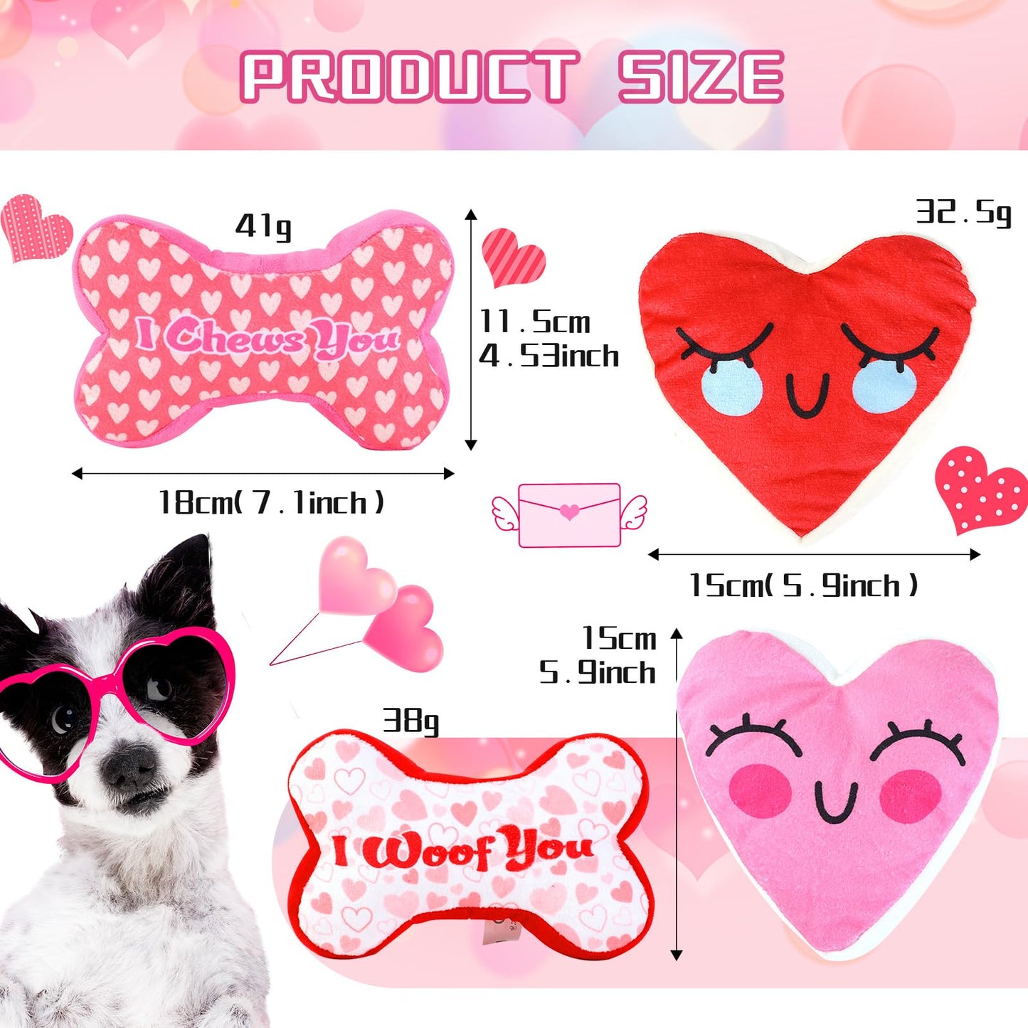 Mruq pet Pink Dog Toys, 4pcs Cute Fun Interactive Plush Squeaky Dog Toys, Red and Pink Bone and Heart Gifts Puppy Dog Teething Chew Toys for Small Medium Pet Dogs Teeth Cleaning