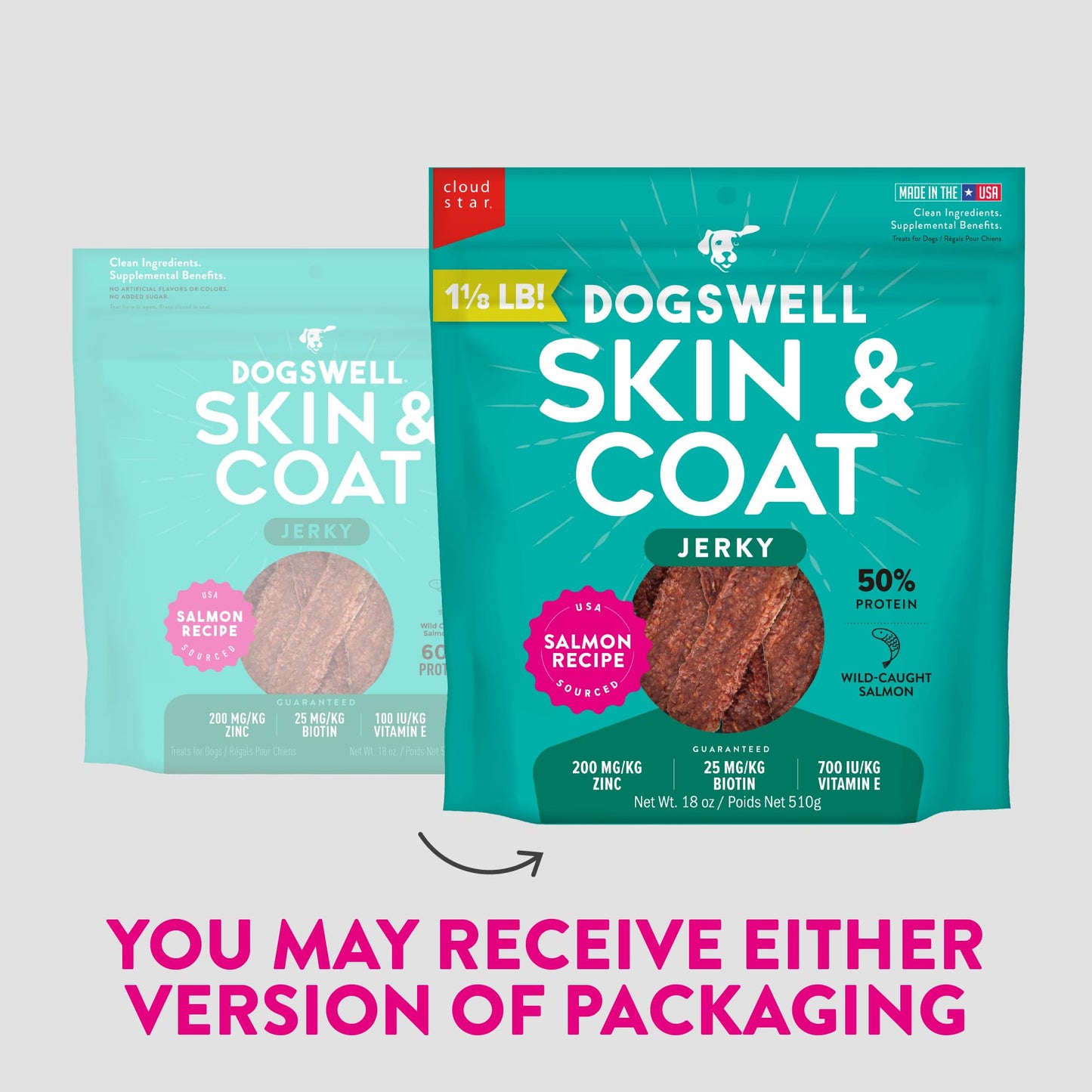 DOGSWELL Jerky Treats for Dogs, Skin and Coat Salmon Recipe 18 oz., 29235