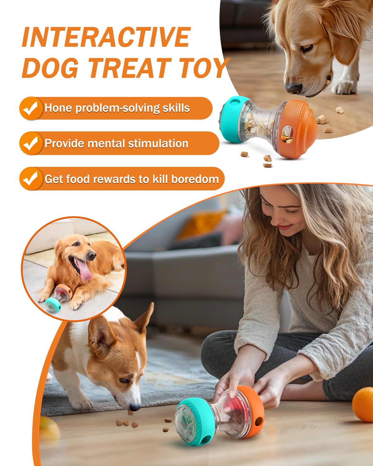Wofypetny Dog Interactive Toys for Treat Dispensing, Dog Puzzle Feeder Food Dispenser 2 Adjustable Holes with LED Light & Squeaky, Puppy Treat Ball Slow Feeding for Large/Medium/Small Breeds Pet Gift