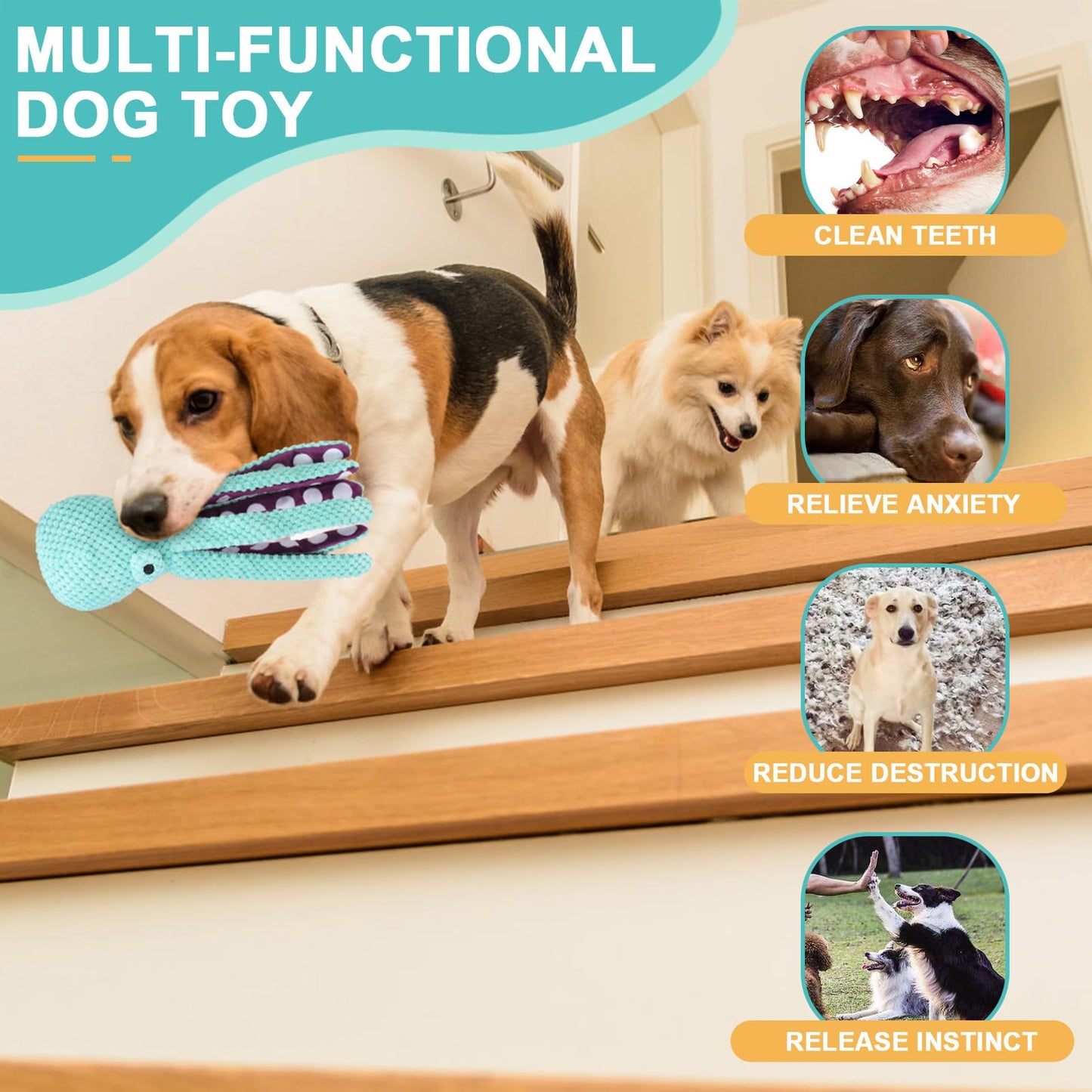 EXPAWLORER Octopus Dog Toy - Durable Interactive Dog Squeaky Toys Best Puppy Birthday Gift, Soft Stuffed Plush Toy with Crinkle Paper, Teeth Chew Toy for Small Small Medium Large Breed, Green