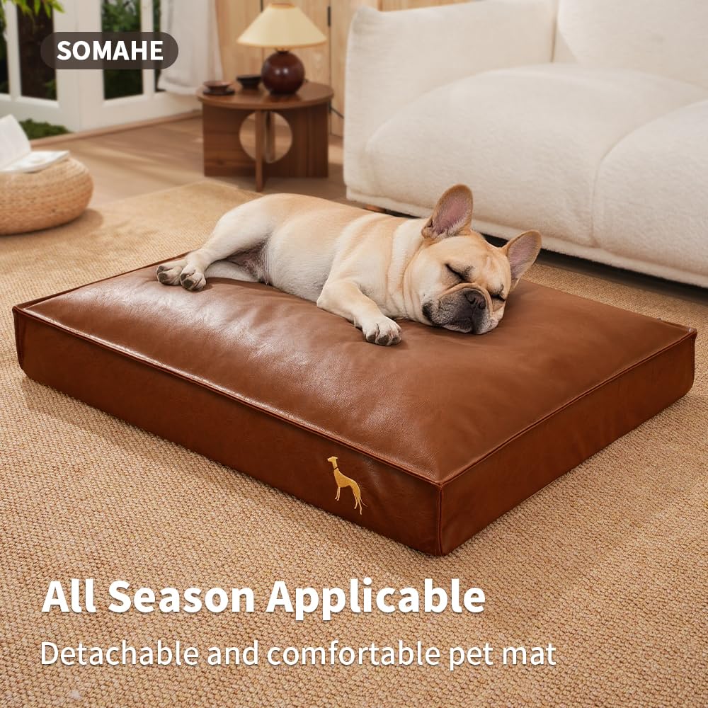 SOMAHE Dog Bed Medium Size Dog Orthopedic Beds for Small Dogs with Removable Washable PU Leather Cover Waterproof Brown 27.5×19.6×4inch