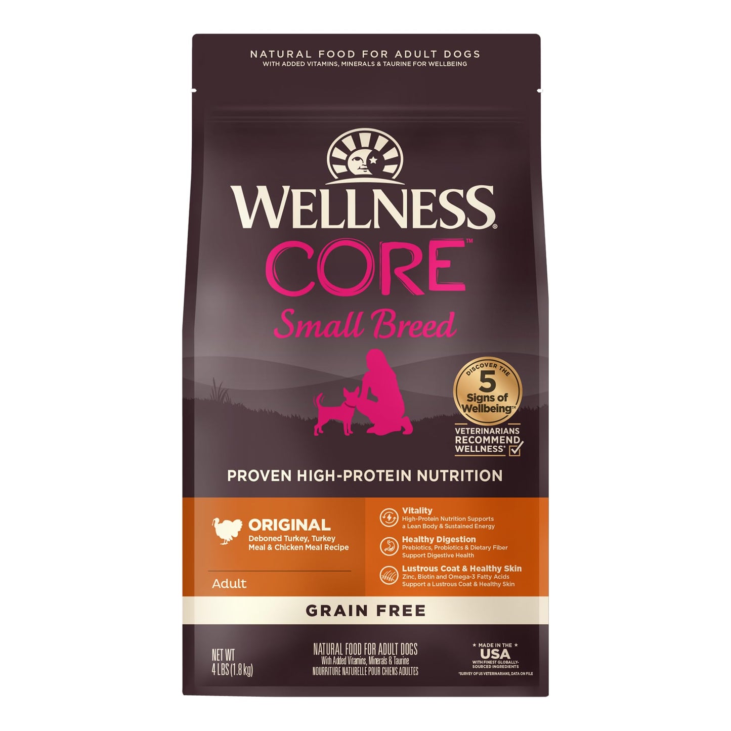 Wellness CORE Grain-Free High-Protein Small Breed Dry Dog Food, Natural Ingredients, Made in USA with Real Meat (Adult, Turkey, 4-Pound Bag)