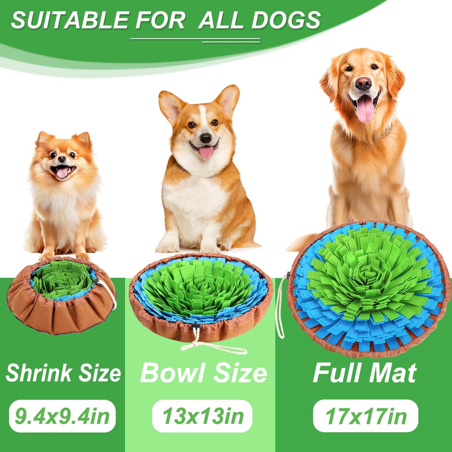 Vivifying Snuffle Mat for Dogs, Adjustable Nosework Mat for Small, Medium & Large Dogs, Interactive Dog Enrichment Toy for Mental Stimulation & Slow Feeding (Green & Blue)