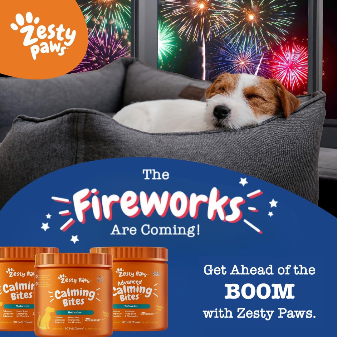 Zesty Paws Flavored Soft Chews - Calming for Dogs Anxiety Composure Relief with Ashwagandha Melatonin Chamomile Passionflower Dog Stress Separation Aid for Fireworks and Thunder 20 oz