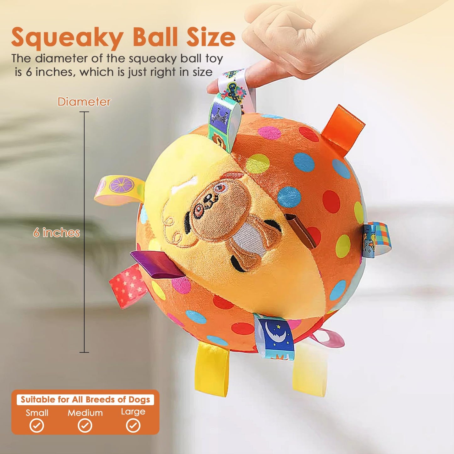 Letalong Dog Squeaky Plush Toy with Straps, 6-Inch Soft Stuffed Ball with Cotton Material and Bell Built-in, Pet Interactive Fetch Toy for Small to Large Dog