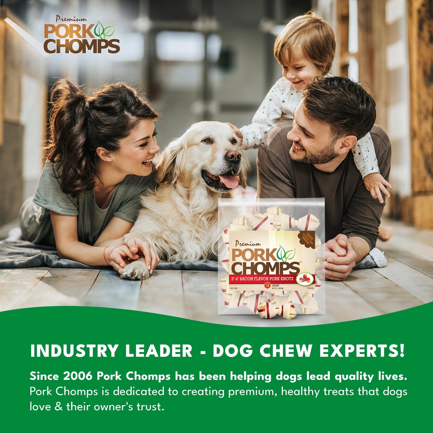 Pork Chomps Baked Pork Skin Dog Chews, 3-inch Knots, with Bacon Flavor Strip, 18 Count