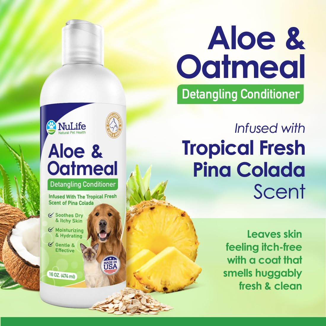 Oatmeal Dog Conditioner for Dry Itchy Skin with Soothing Aloe Vera, Suitable for All Pets, Moisturizes and Detangles Matted Hair, 16 Oz