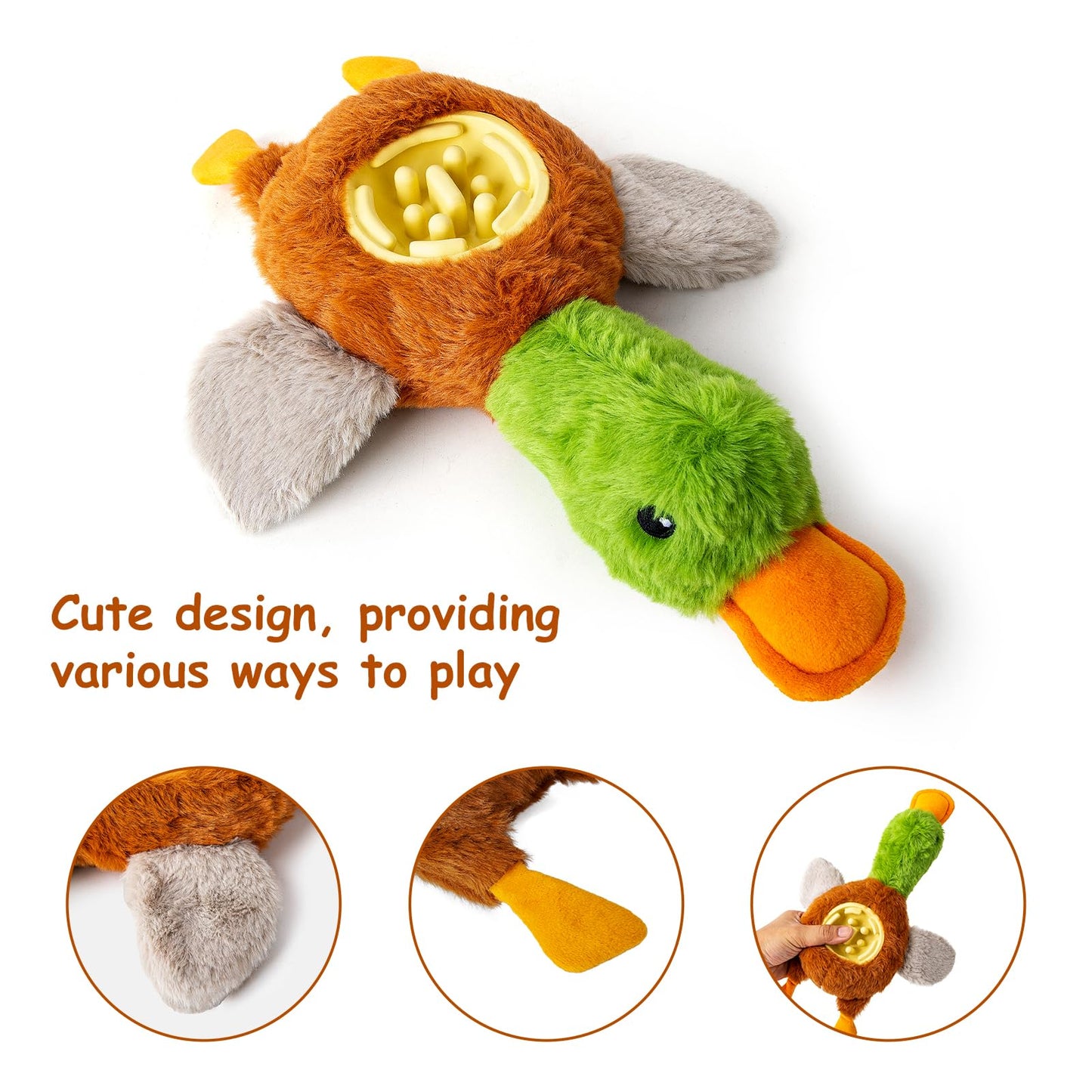 Hollypet Squeaky Plush Stuffed Dog Puzzle Toy with Slow Feeder Bowl, Interactive Chew Toy for Small and Medium Dogs, Wild Duck