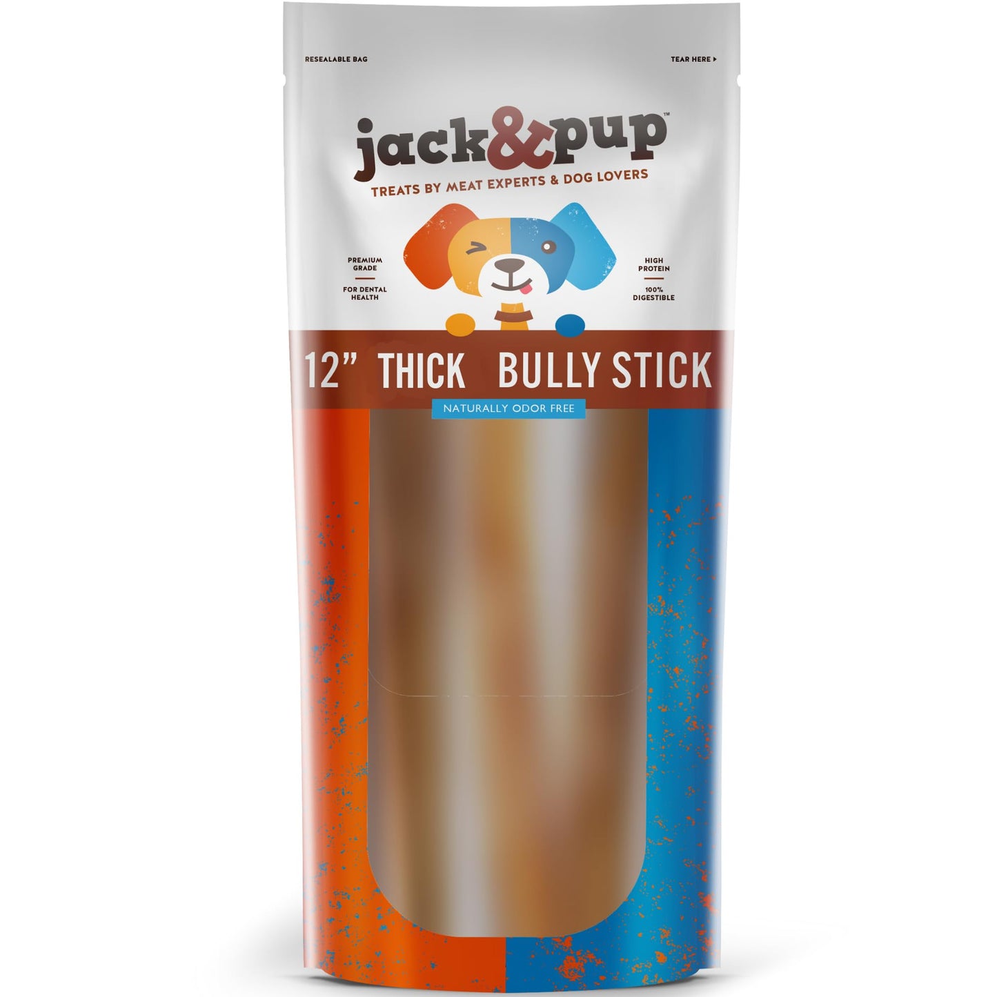 Jack&Pup 12 Inch Bully Sticks for Large Dogs (5 Pack) Thick Odor Free Bully Sticks, Long Lasting Pizzle Sticks for Dogs