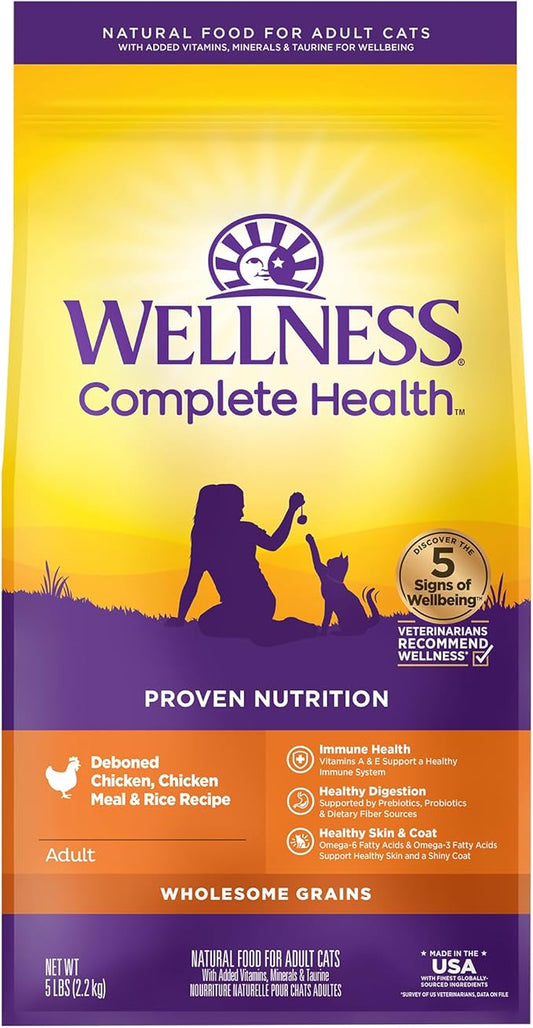 Wellness Complete Health Adult Dry Cat Food for Indoor and Outdoor Cats, Wholesome Grains, Natural, Chicken & Chicken Meal (5 Pound Bag)