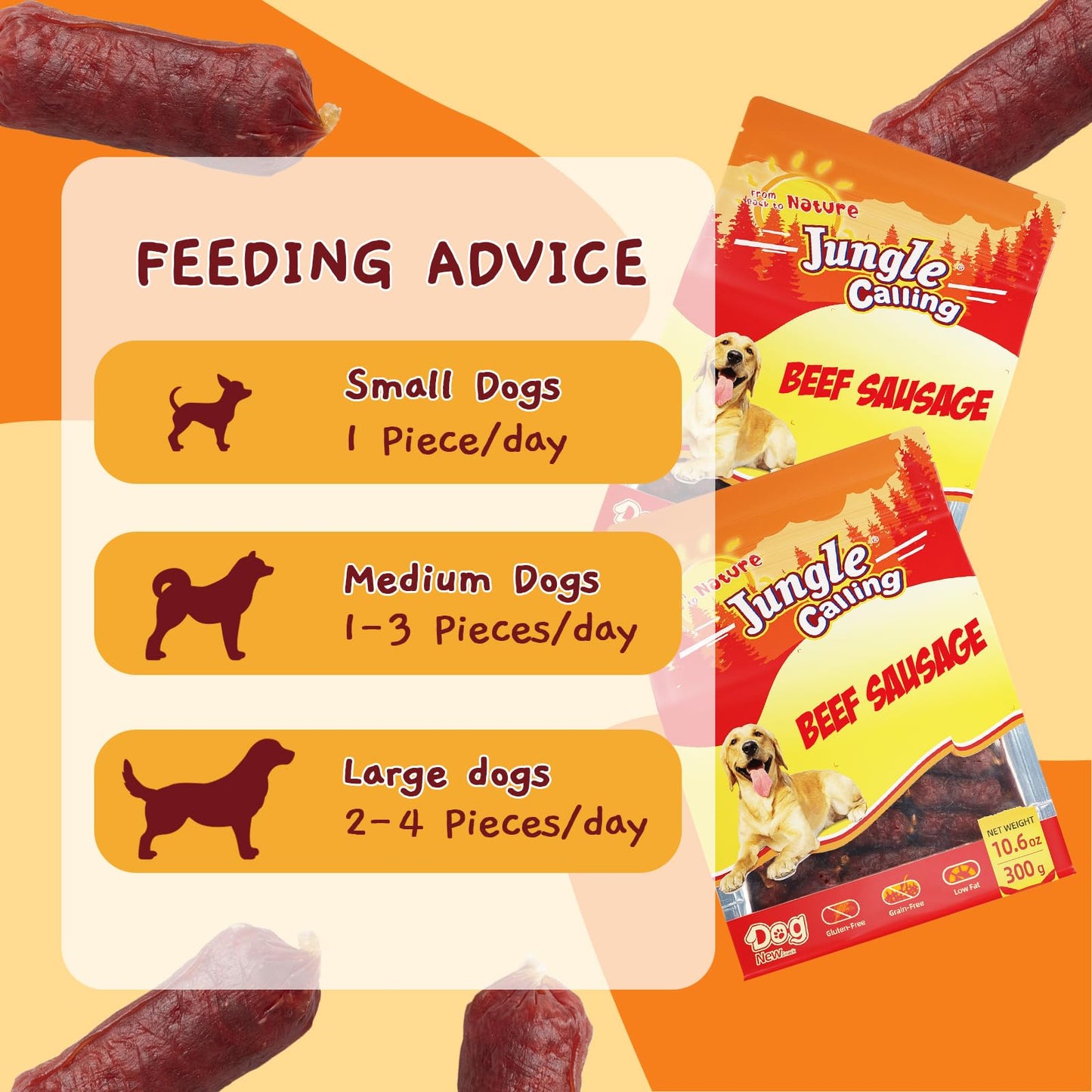Jungle Calling Beef Sausage Dog Treats, Slow Roasted Beef Jerky Dog Training Treats, Grain-Free Soft Treats for Small and Medium Dogs, 10.6 oz