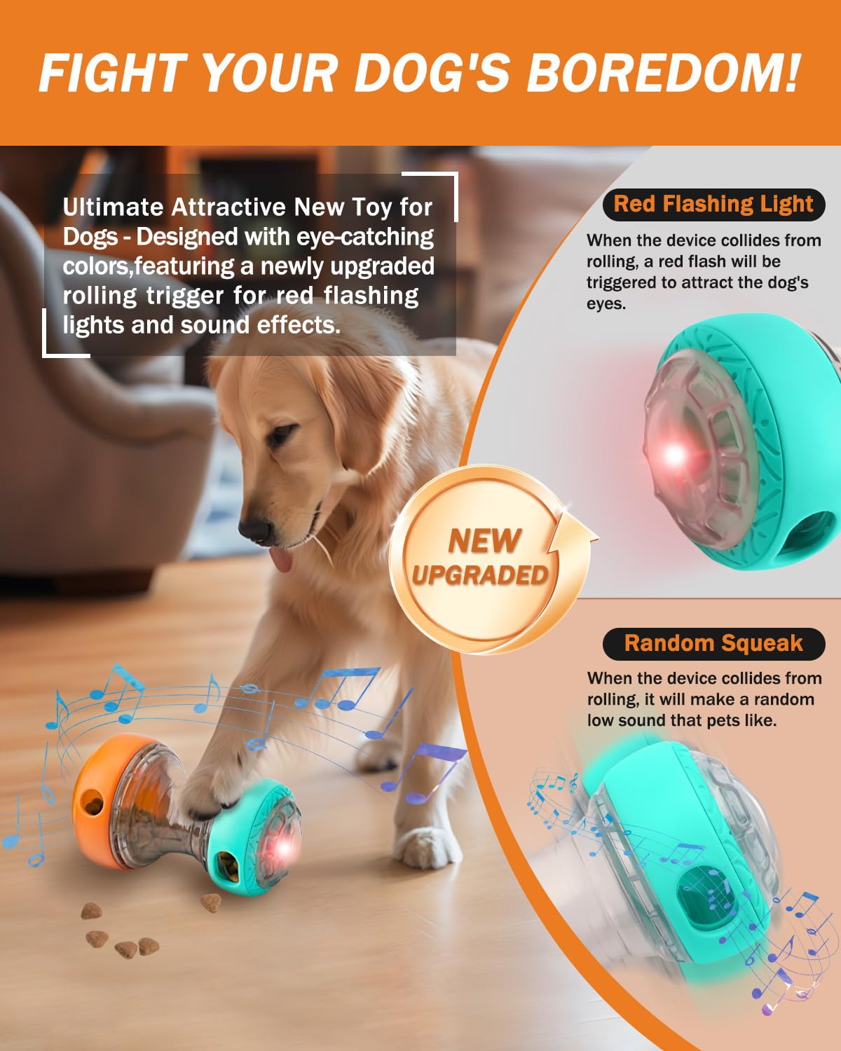 Wofypetny Dog Interactive Toys for Treat Dispensing, Dog Puzzle Feeder Food Dispenser 2 Adjustable Holes with LED Light & Squeaky, Puppy Treat Ball Slow Feeding for Large/Medium/Small Breeds Pet Gift