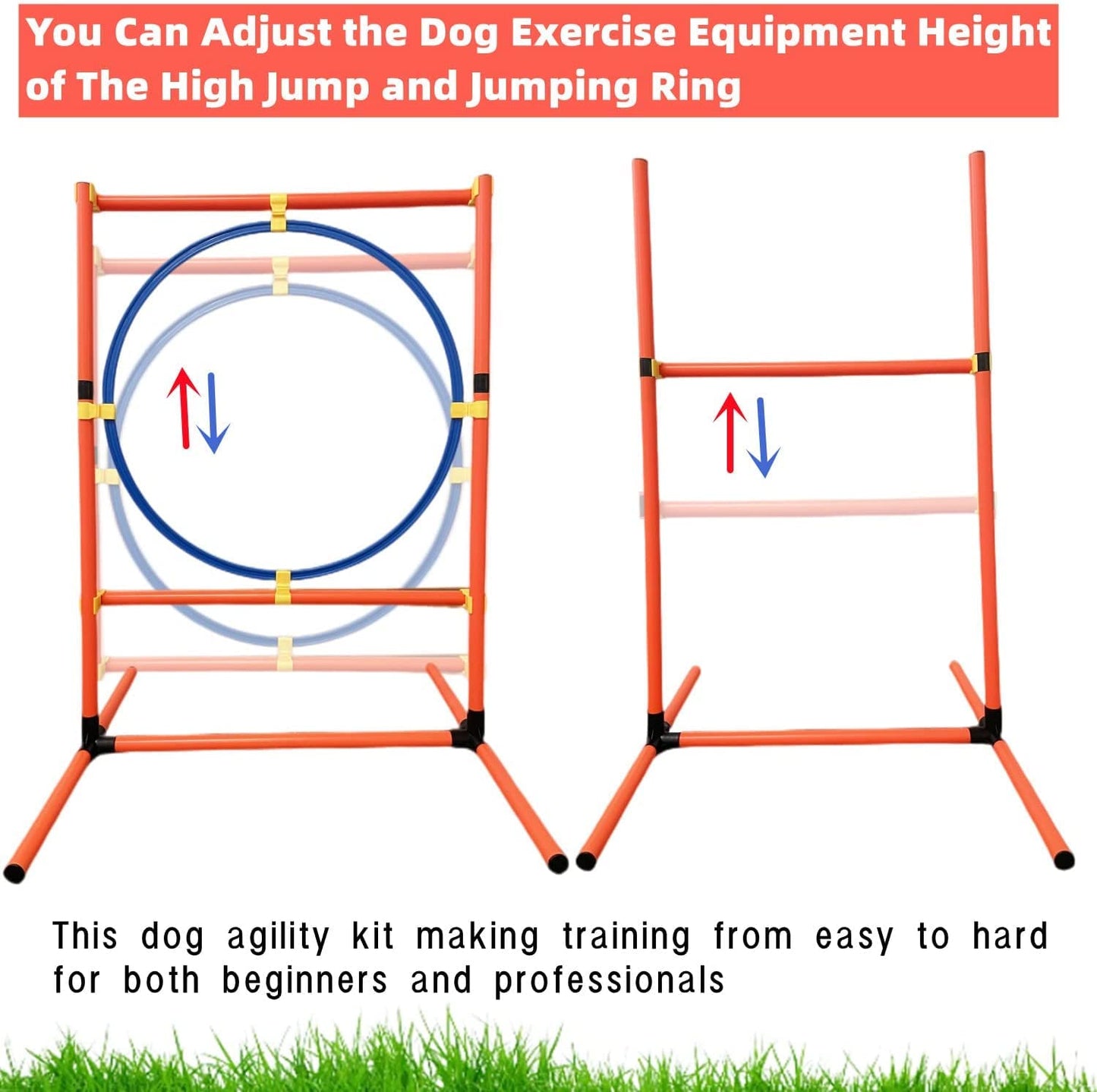 Kvittra Dog Agility Training Equipment Set, Obstacle Course Starter Kit for Pet Outdoor Games With Tunnel, Weave Poles, Adjustable Hurdle, Jump Ring