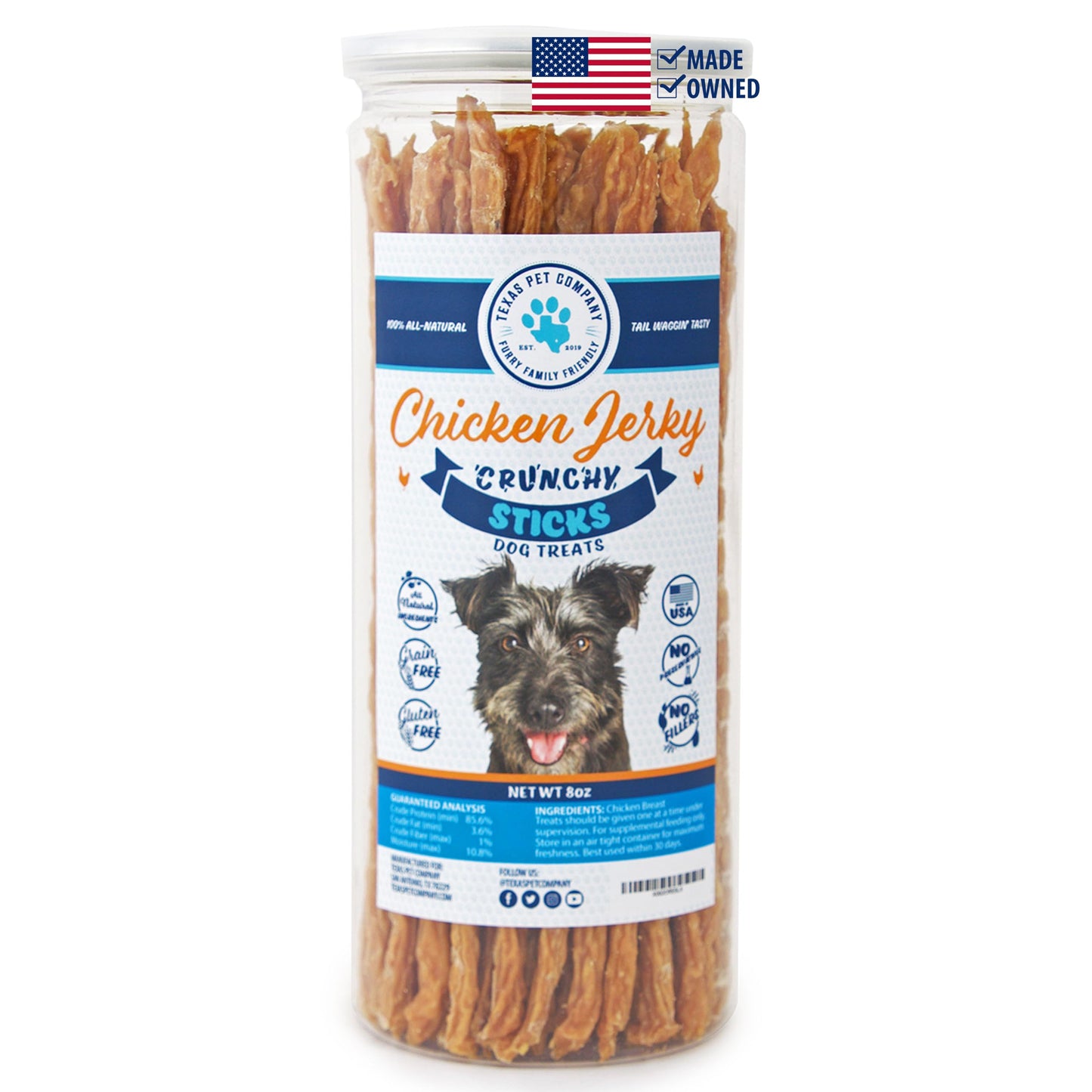 Texas Pet Company Chicken Jerky Sticks Crunchy Dog Treats Made in The USA Single Ingredient for Small to Large Dogs 75 Count 8oz
